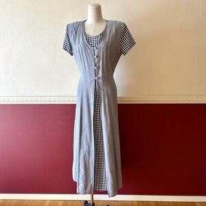 Vintage 80s gingham & houndstooth blue & white layered midi dress